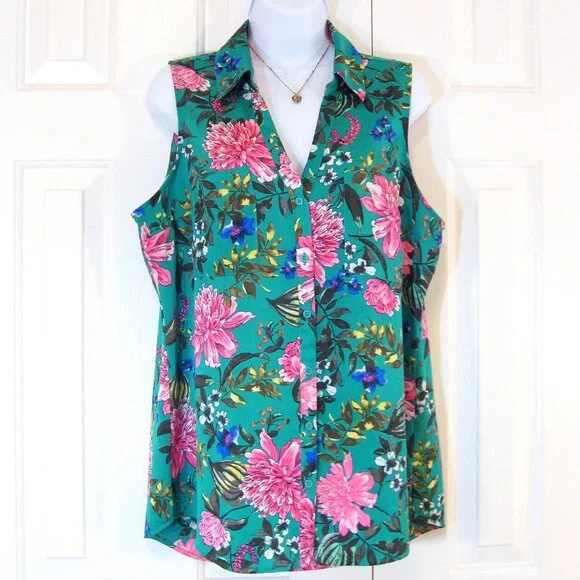 Express | Sleeveless Vibrant Floral Printed Portofino Shirt - Picture 2 of 9